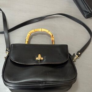 Chic Black Leather Crossbody Bag with Bamboo Accent